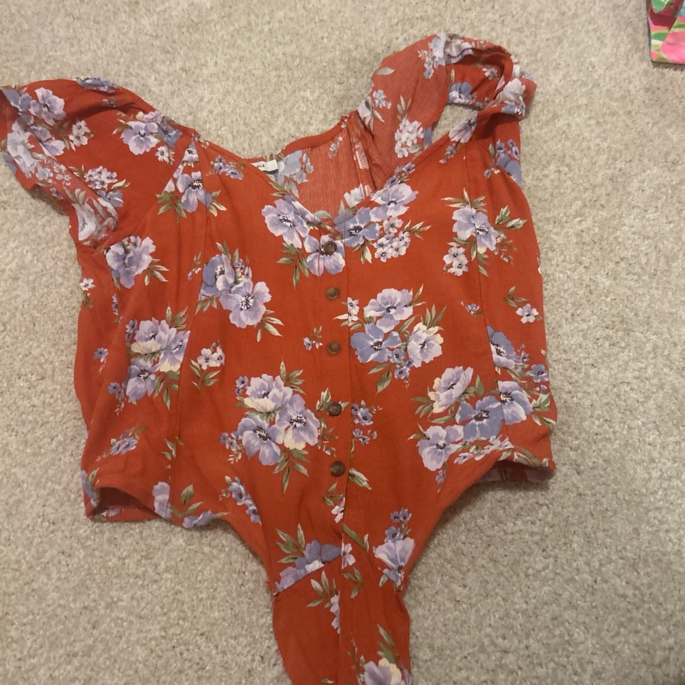 Rust Red Floral Button-Front Bodysuit